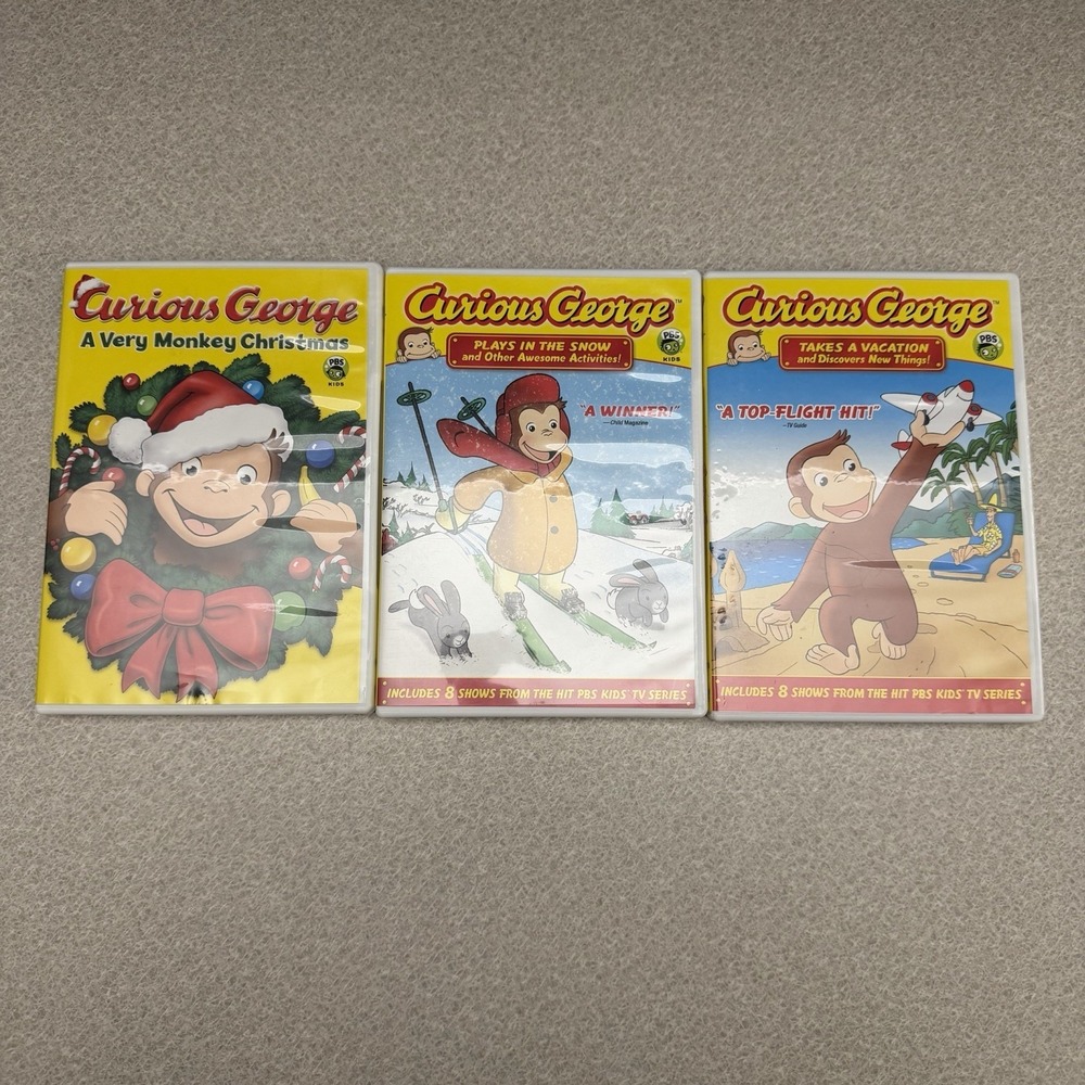 Curious George DVD Lot of 3 PBS Kid's Children's Shows Christmas, Vacation, Snow